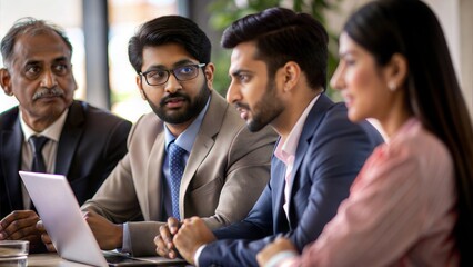 A group of Indian professionals brainstorming on tax planning and financial strategies.
