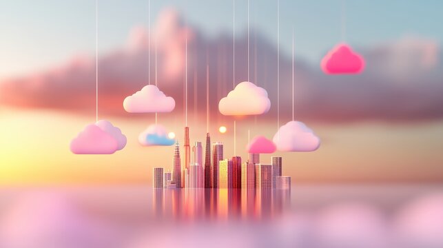 A cityscape with multiple cloud icons and digital streams connecting them, representing the interconnected network of cloud based software services.