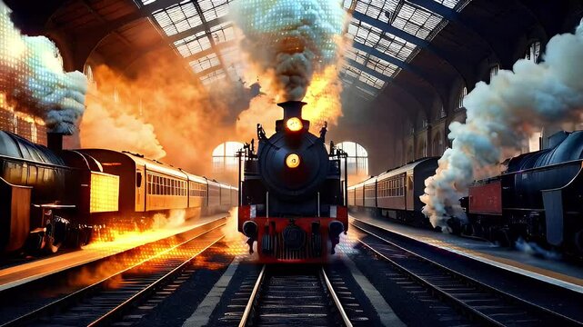 Three steam trains are parked in a train station, each with a plume of steam and smoke rising above them. 