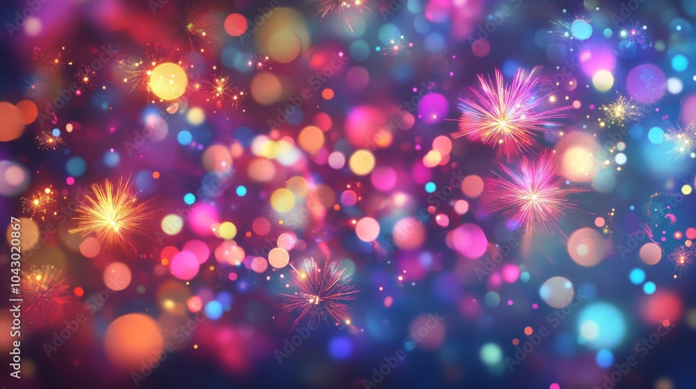 Poster abstract festive background with colorful bokeh lights and stars.
