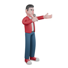 3D Cartoon Musician. A male singer is standing while singing while his left hand is stretched forward with his palm facing upwards. Male Singer Character