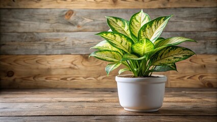 Fresh variegated dieffenbachia plant in white pot on wooden table