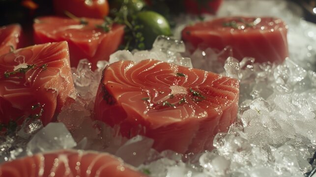 Vibrant fresh tuna steaks on ice  a showcase of quality and culinary preparation