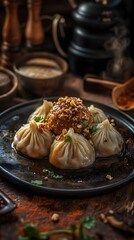 Glistening dumplings, perfectly shaped and adorned with a vibrant orange sauce, resting on an elegant black plate that reflects the light of its surroundings
