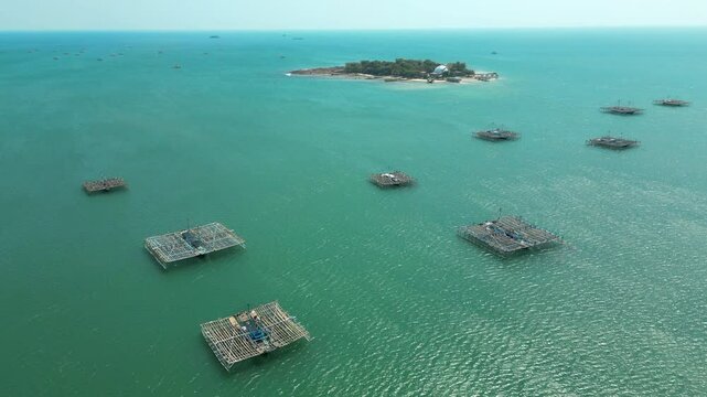 Bamboo Fisherman Rafts Float On The Ocean Near Umang Island Banten Indonesia 4K 60FPS