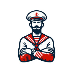 Confident sailor with mustache in uniform and anchor hat, vintage maritime illustration, nautical character logo concept. Isolated vector illustration