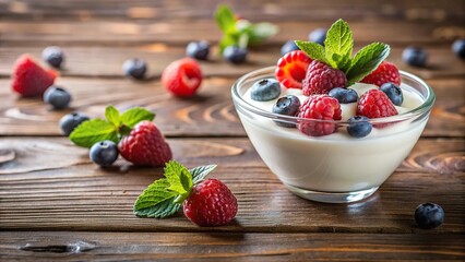 Fresh yogurt with mixed berries in glass bowl on rustic wooden table