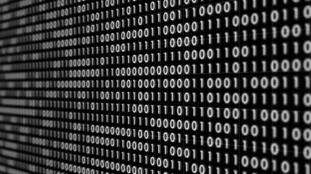 Vertically moving rows of dense binary code, consisting of 1s and 0s, represent the fundamental data structure of digital communication and computer systems.