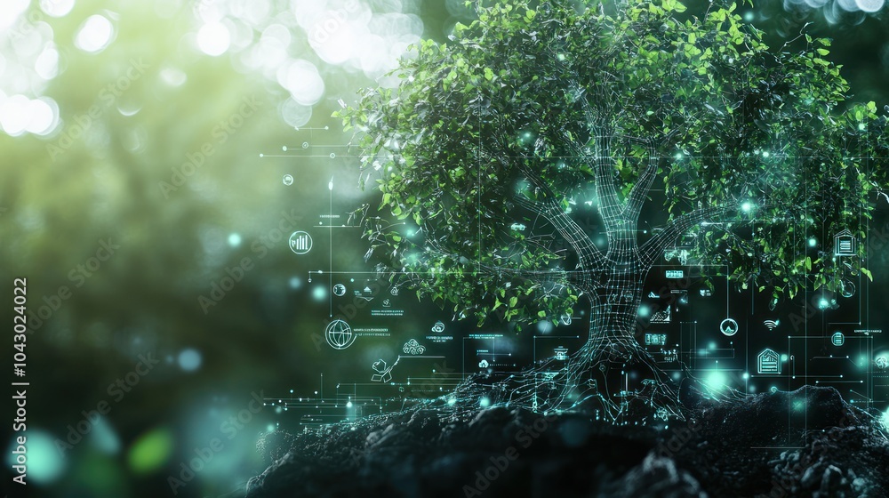 Poster a digitally enhanced tree symbolizing growth and technology integration.