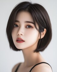 Fototapeta premium an Asian woman with short hair, medium skin tone, and a round face shape, featuring the most popular Korean hairstyle