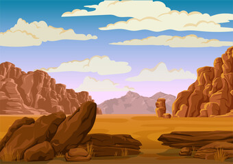 Cartoon desert mountains and sandstone rocks. Canyons in the desert. Vector landscape of red canyons.