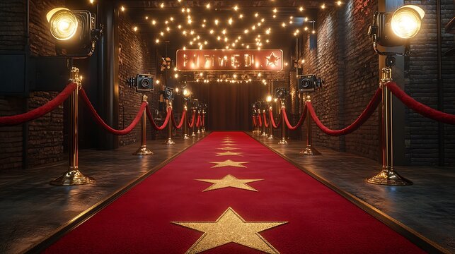 A Hollywood red carpet birthday setup featuring a luxurious red carpet with gold stars, vintage film cameras, and velvet ropes, bright spotlights illuminating the entrance,