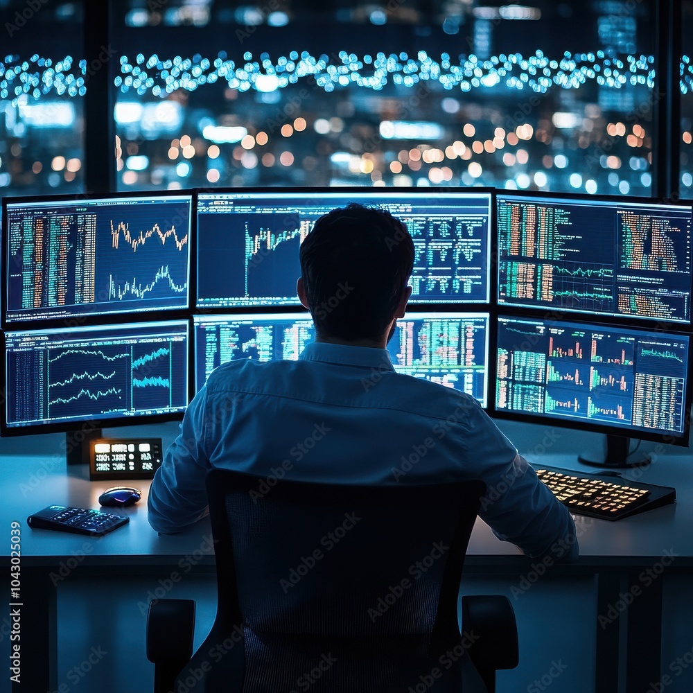 Poster a focused trader analyzes data on multiple screens in a modern office, illuminated by the city light