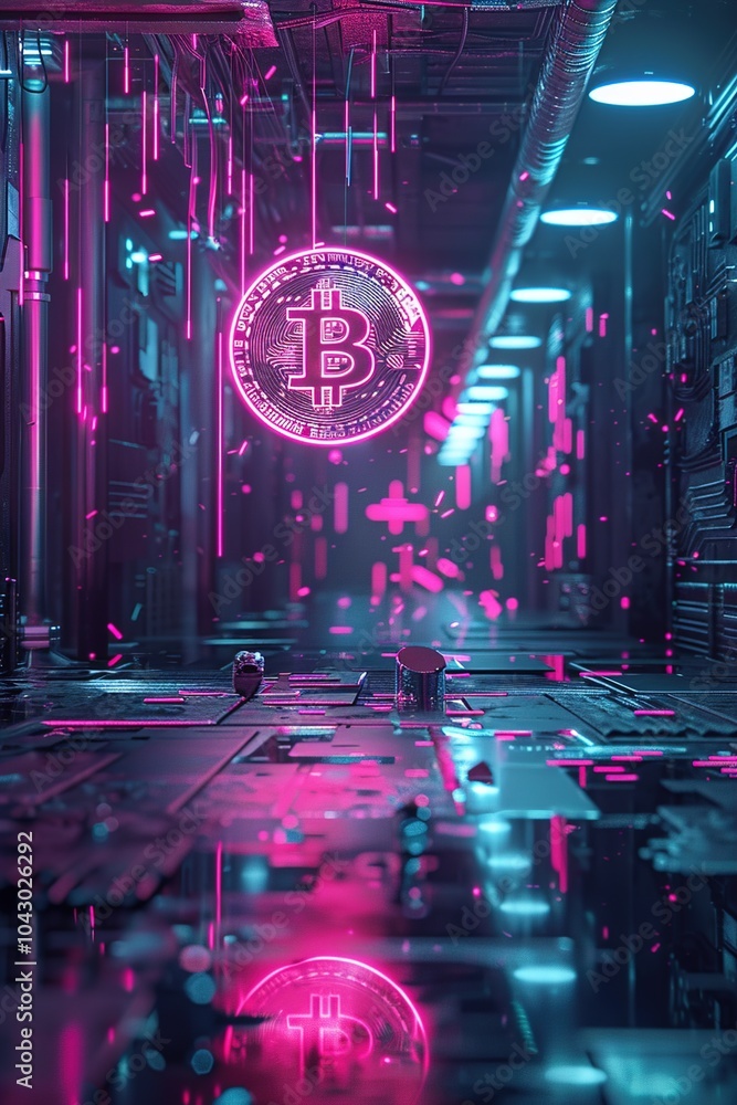 Poster a bitcoin coin floating in a cyberpunk-inspired room, with neon lights and digital code streaming do