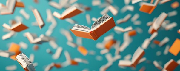 Glowing books floating through the air in a public square, promoting the joy of reading, literacy awareness, reading promotion
