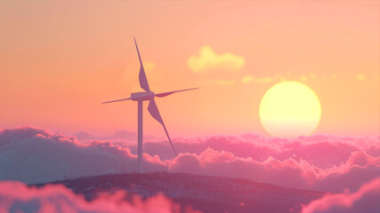 A Modern Wind Turbine Stands Gracefully Against a Vibrant Sunset Over Rolling Hills
