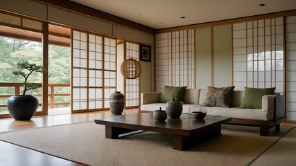 AI-Generated Image of An ultra-minimalistic, modern Japanese-inspired living room with large shoji screens and a spacious living area