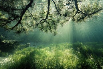 Fototapeta premium Underwater Grass in Sea. Nature Green Plant Under the Sea Waters