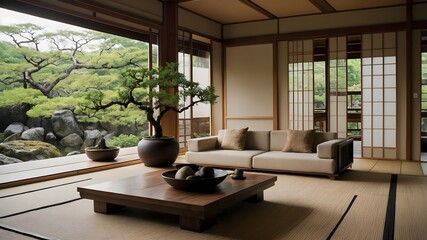 Fototapeta premium AI-Generated Image of An ultra-minimalistic, modern Japanese-inspired living room with large shoji screens and a spacious living area