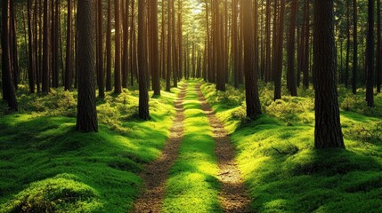 Obraz premium A serene forest path surrounded by lush greenery and tall trees, inviting exploration.