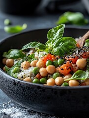 Close up of vegan chickpea bowl with rice and fresh vegetables and black sesame seeds