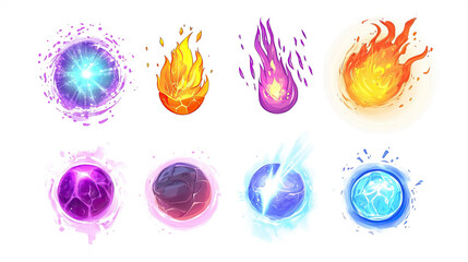 Game element, visual effects set, fire, energy, plasma, game assets, cartoon, isolated on white