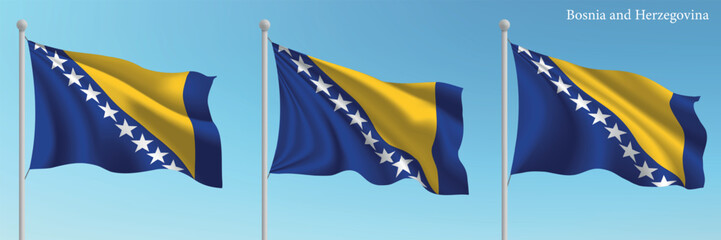 Set of Three Flags of Bosnia and Herzegovina Waving in Clear Blue Sky