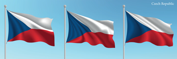 Set of Three Flags of Czech Republic Waving in Clear Blue Sky