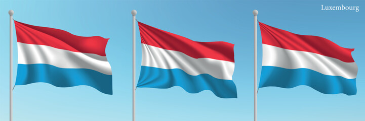 Set of Three Flags of Luxembourg Waving in Clear Blue Sky