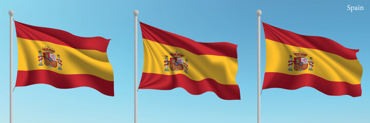 Set of Three Flags of Spain Waving in Clear Blue Sky