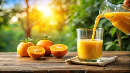 Naklejka premium Freshly squeezed orange juice being poured into glass for healthy breakfast on sunny morning