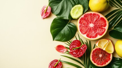 Naklejka premium A vibrant arrangement of fruits and tropical leaves on a light background.