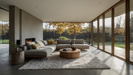 An ultra-minimalistic, modern Japanese-inspired living room with large shoji screens and a spacious living area.