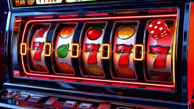 Close-up of a slot machine with glowing red sevens and a red dice.
