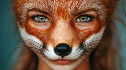 A creative transformation blending a human face with a fox mask. Quadrobics teen subculture