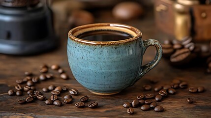 A steaming cup of coffee sits on a wooden table surrounded by coffee beans.