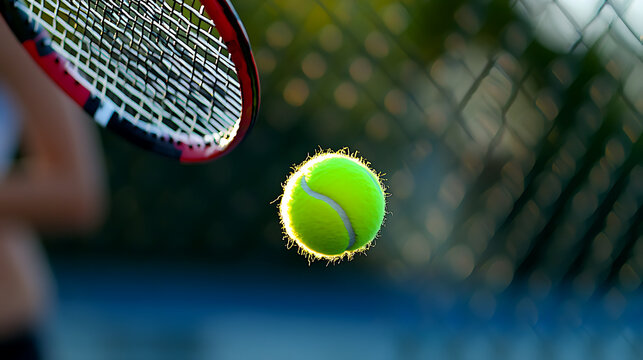 vibrant tennis ball in mid air, captured with blurred racket in background, showcases dynamic energy of game. bright green color contrasts beautifully with soft focus, creating exciting moment