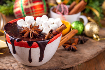 Winter hot chocolate cup with Christmas background