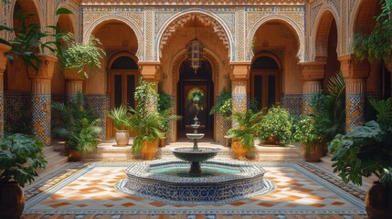 Obraz premium Elegant courtyard with a fountain and lush greenery.