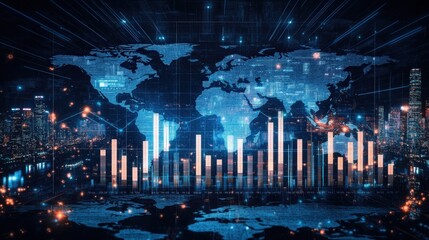 A conceptual image of global economic trends, with rising bar charts, stock market data