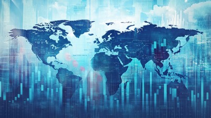A conceptual image of global economic trends, with rising bar charts, stock market data