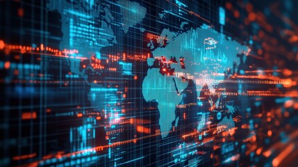 Obraz premium A conceptual image of the global economy, with a digital map, currency symbols