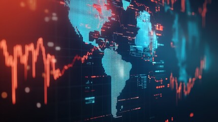 A conceptual image of the global economy, with a digital map, currency symbols