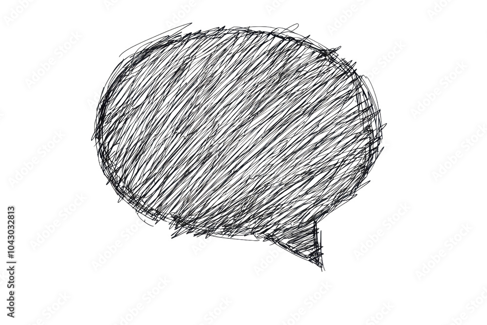 Poster hand-drawn sketch of a textured black speech bubble on a transparent background. representing commun