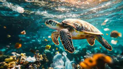Obraz premium A green sea turtle gliding gracefully through vibrant coral reefs in clear tropical waters, showcasing the richness of marine life