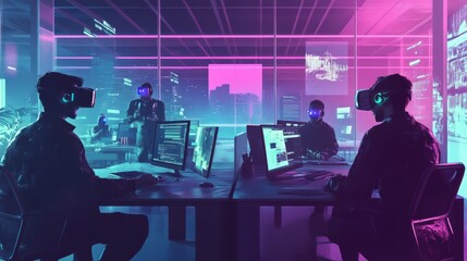 VR Collaboration:  A team of programmers wearing VR headsets collaborate in a futuristic office space, showcasing the potential of immersive technology in the modern workplace.  