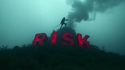 Concept risk taking, safety, challenge, concentration. Surreal adventure, epic scene decision to reach a goal.  AI generated image