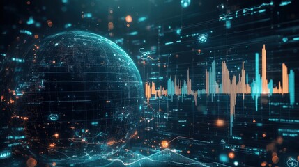 A digital rendering of global stock markets with rising bar charts, currency symbols