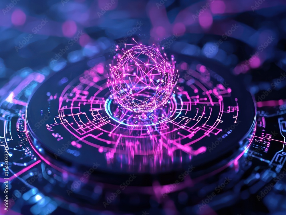 Poster exploring the fusion of technology and science through a vibrant digital sphere