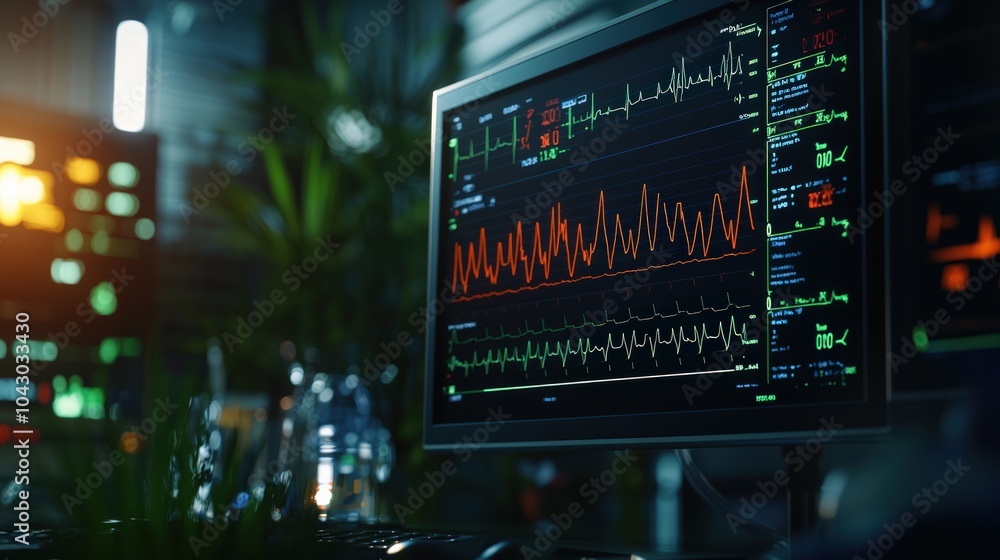 Poster advanced health monitoring insights from a medical screen displaying vital signs and data trends
